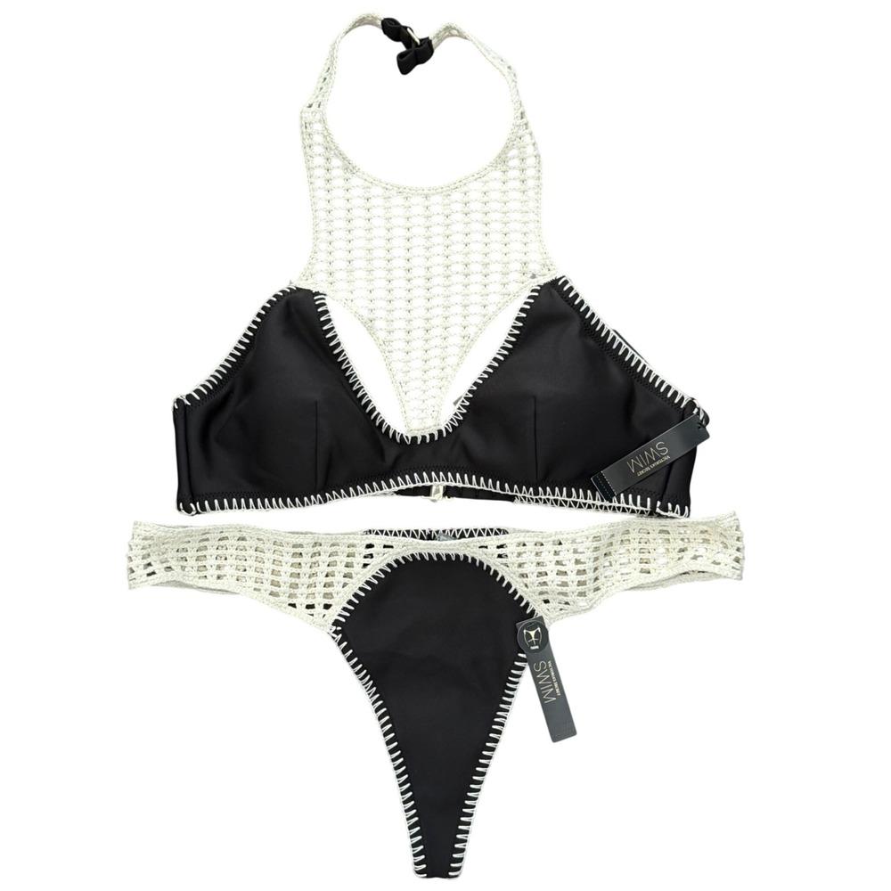 Victoria's Secret Archives Swim Crochet Halter Bikini Thong Set NWT Black‎ XL